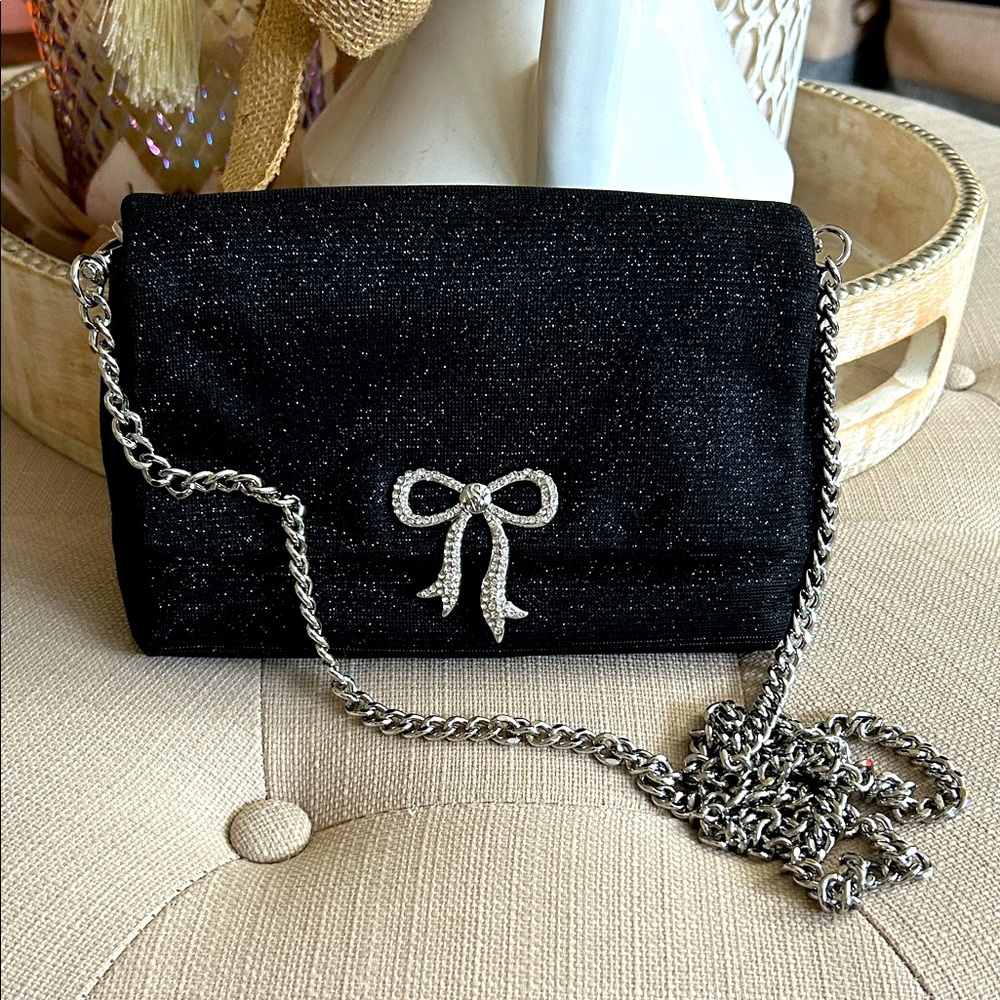Victoria's Secret Black Glitter Crossbody with Crystal Bow